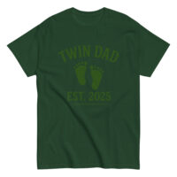 Green t-shirt, 'Twin Dad Est. 2025' with footprints.