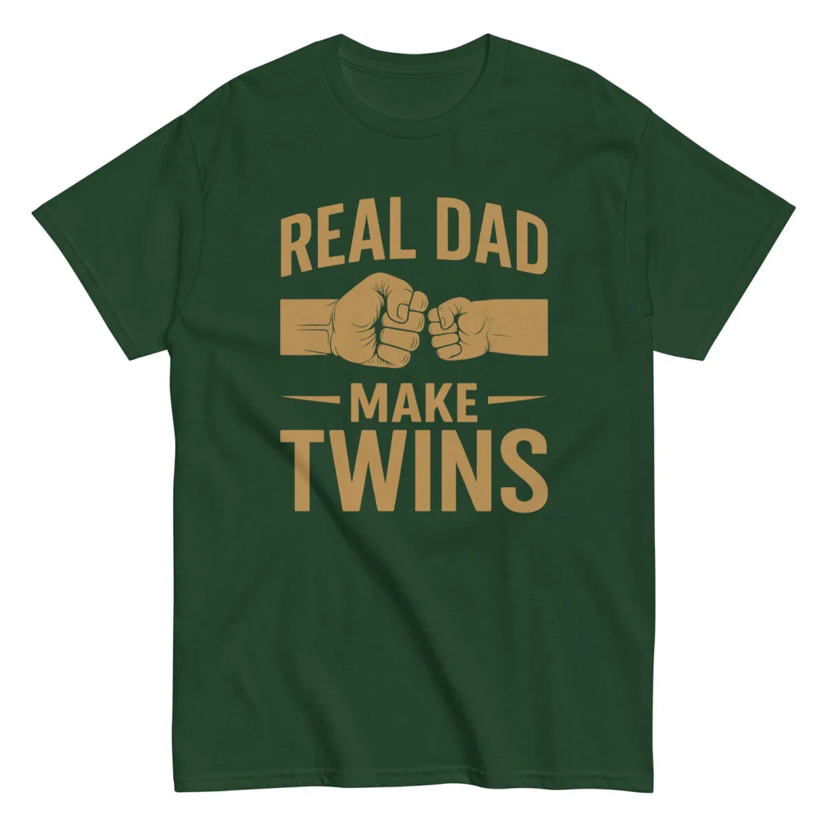 Green t-shirt with 'Real Dad Make Twins' print.