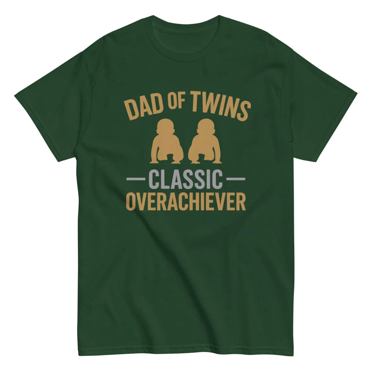 Green T-shirt with 'Dad of Twins' print.