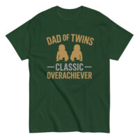 Green T-shirt with 'Dad of Twins' print.
