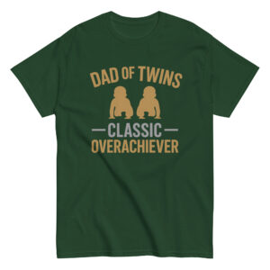 Green T-shirt with 'Dad of Twins' print.