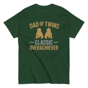 Green T-shirt with 'Dad of Twins' print.