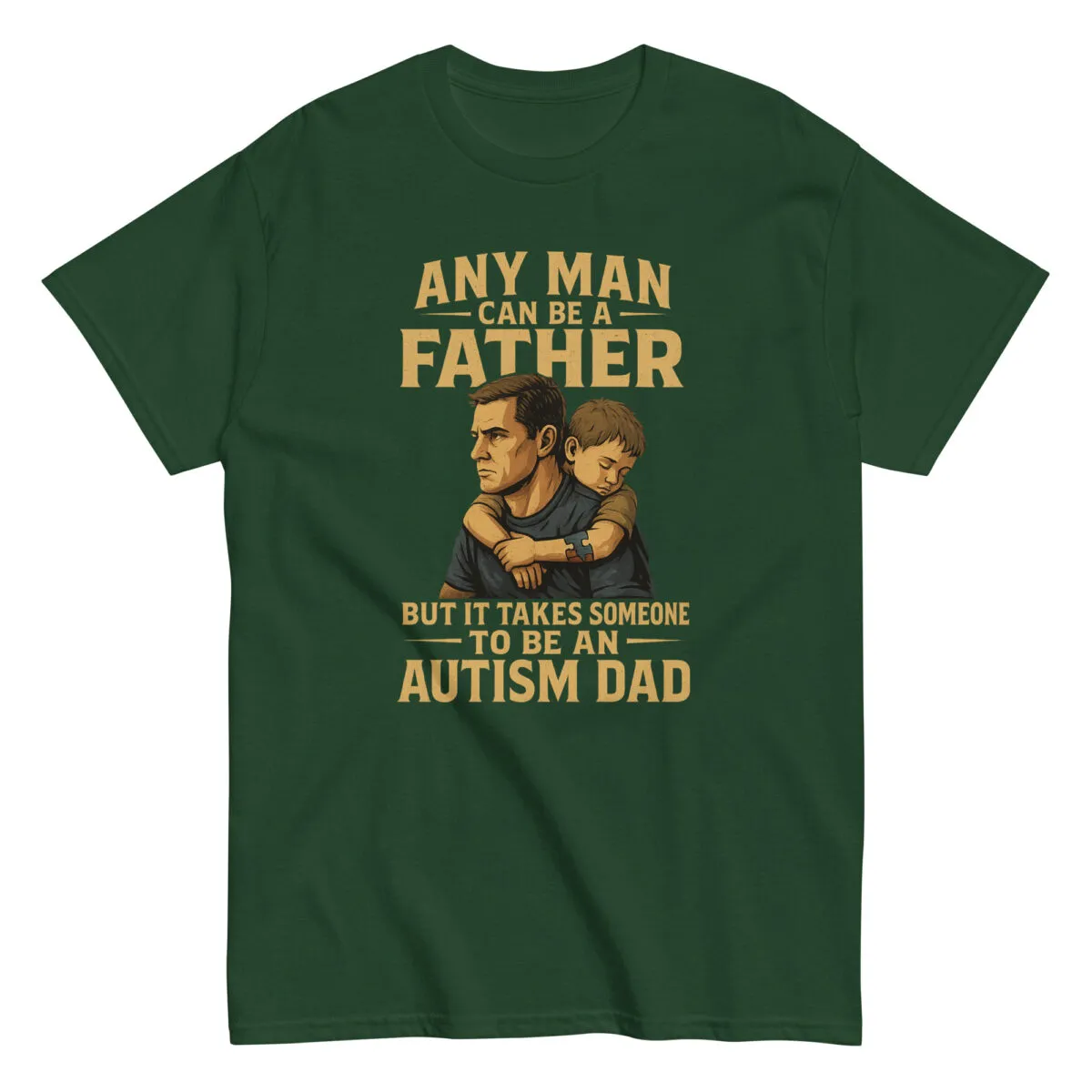 Green t-shirt with autism dad message and illustration.