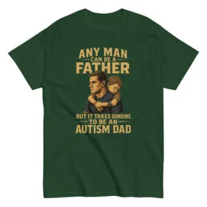 Green t-shirt with autism dad message and illustration.