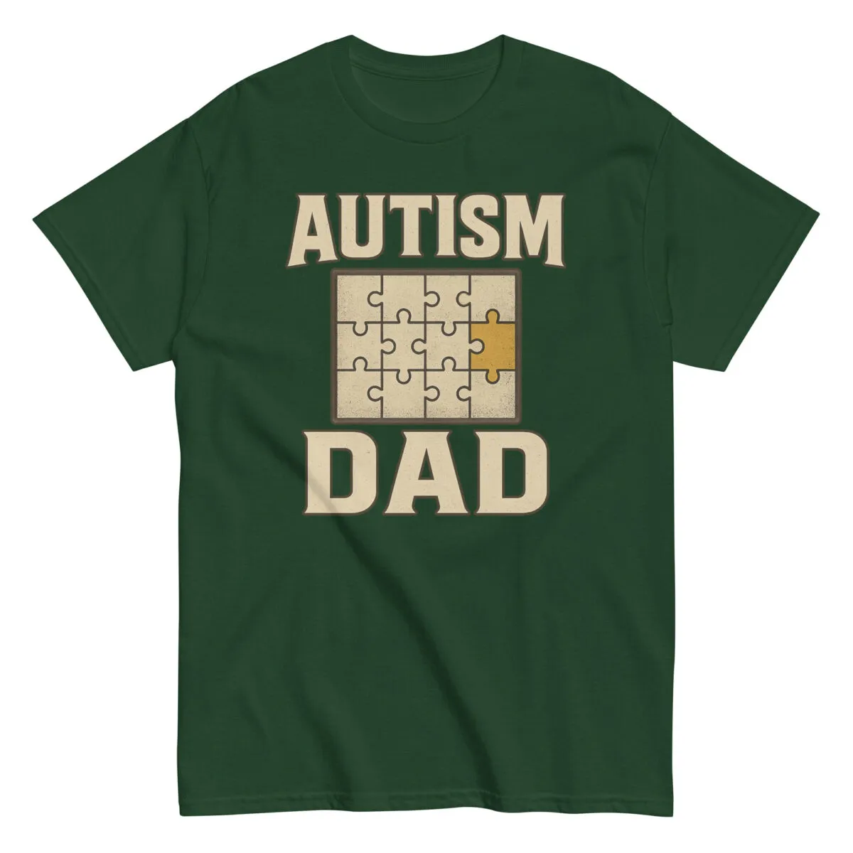 Green T-shirt with Autism Dad puzzle design