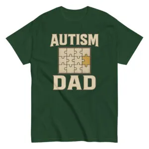 Green T-shirt with Autism Dad puzzle design