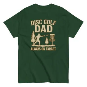 Green t-shirt with disc golf dad design.