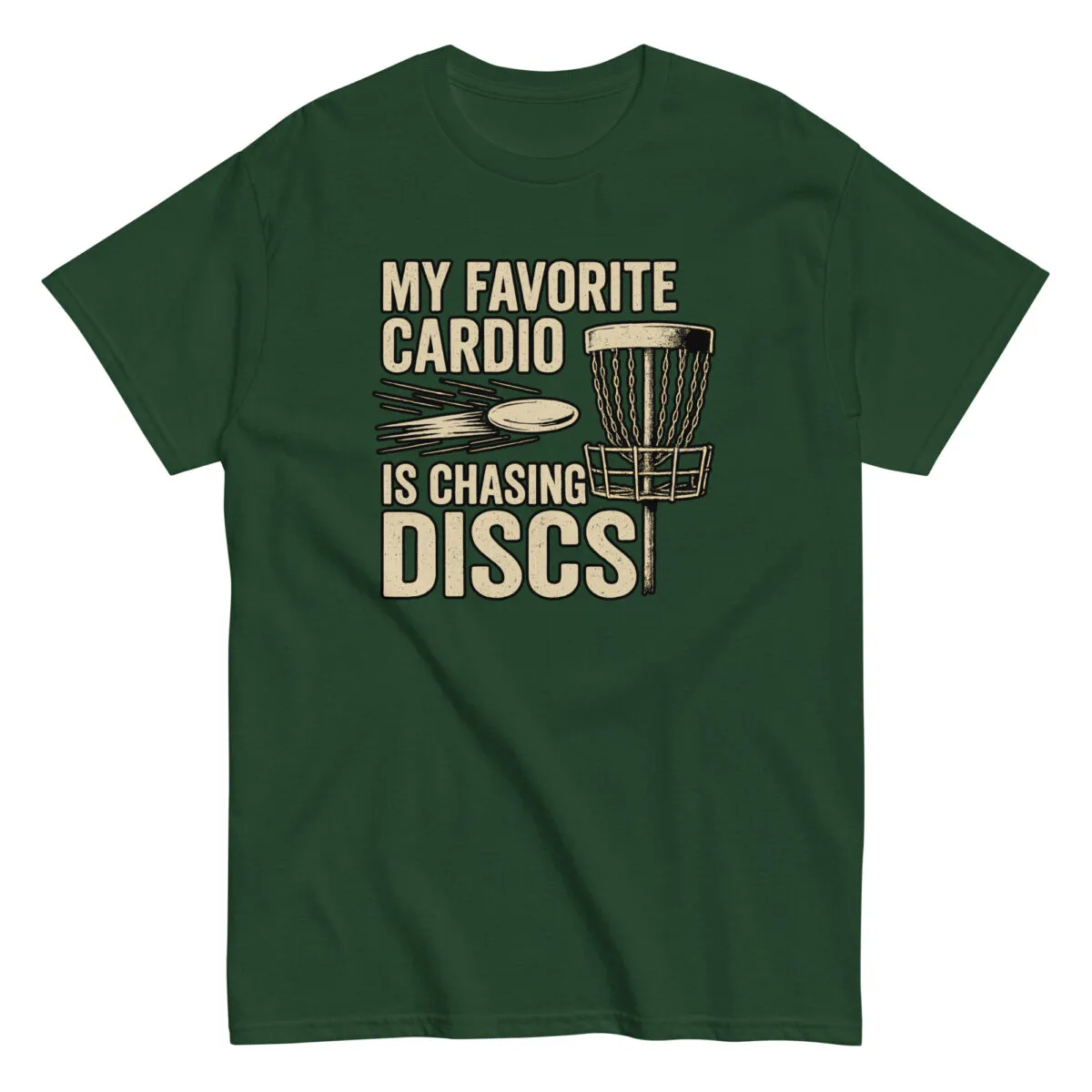 Green t-shirt with disc golf design