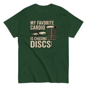 Green t-shirt with disc golf design