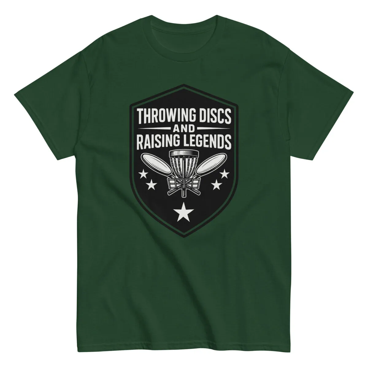 Green t-shirt with disc golf design and text.