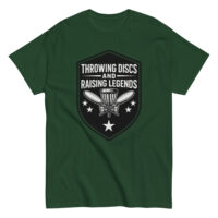 Green t-shirt with disc golf design and text.