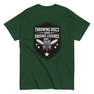 Green t-shirt with disc golf design and text.