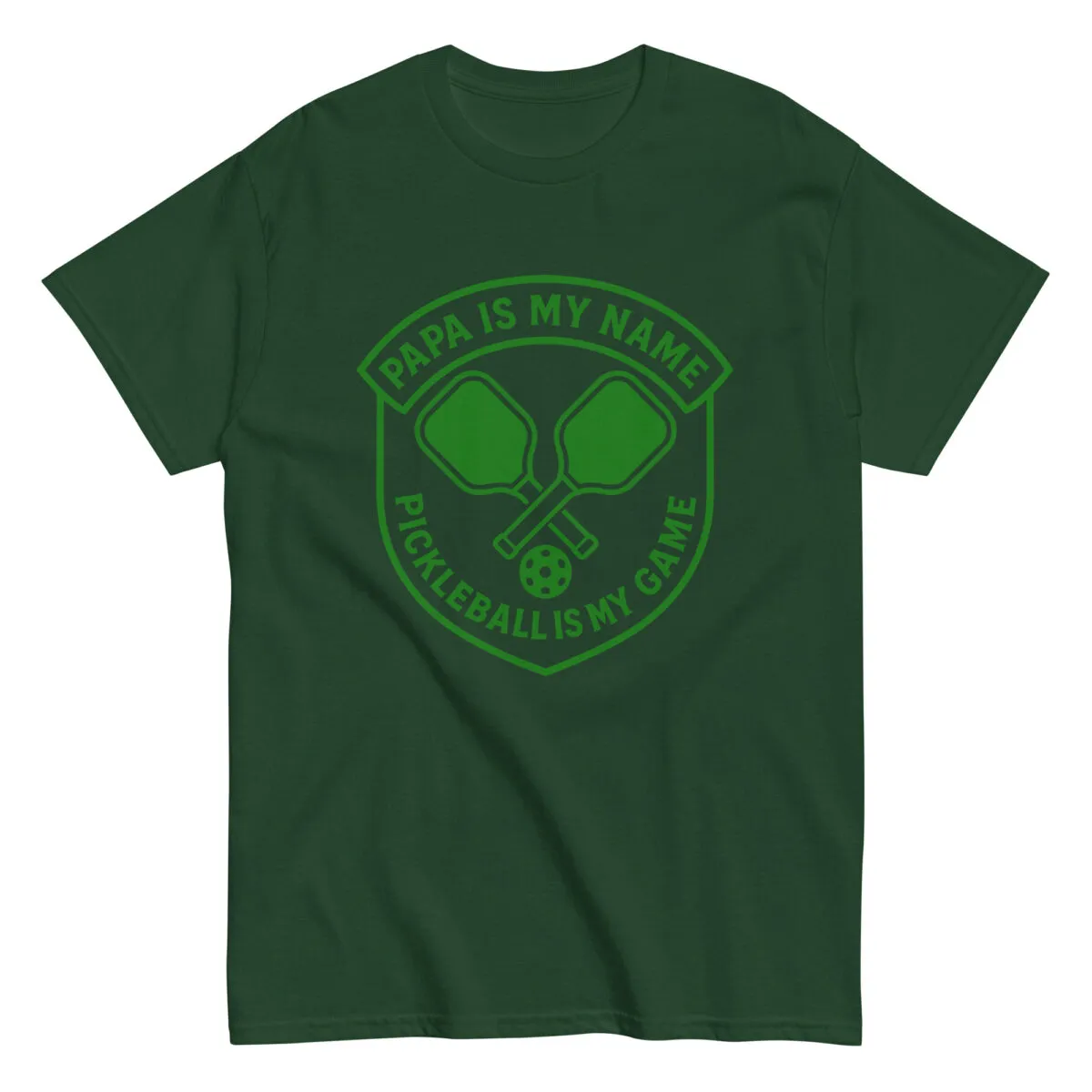 Green t-shirt with pickleball paddles design.