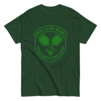 Green t-shirt with pickleball paddles design.