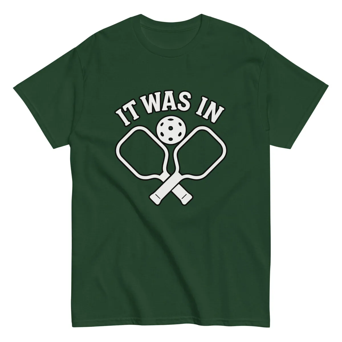 Green pickleball shirt with paddles and ball design.