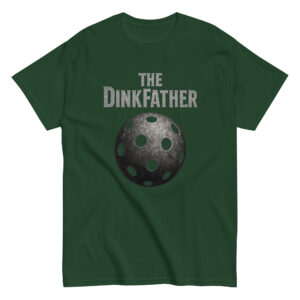 Green t-shirt with 'The Dinkfather' design.