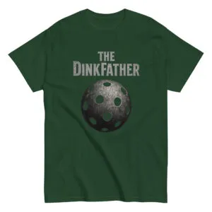 Green t-shirt with 'The Dinkfather' design.