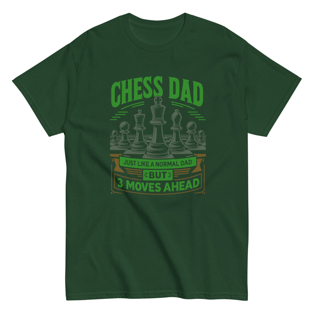 Green t-shirt with chess dad slogan and pieces design