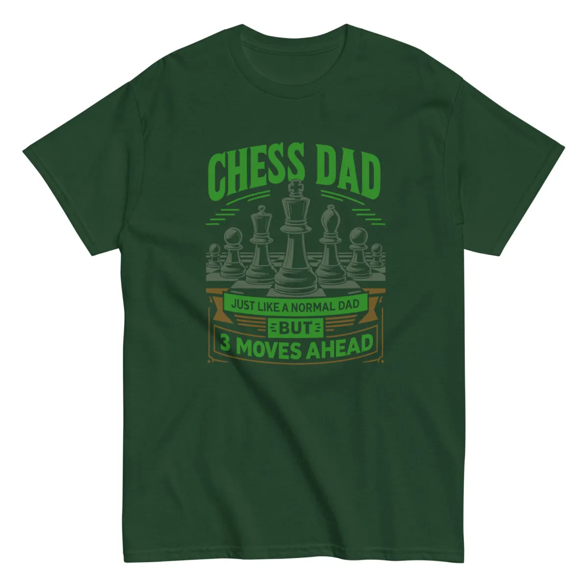 Green t-shirt with chess dad slogan and pieces design