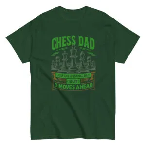 Green t-shirt with chess dad slogan and pieces design