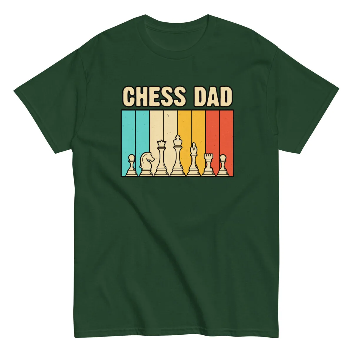 Green T-shirt with chess pieces graphic, 'Chess Dad' text.
