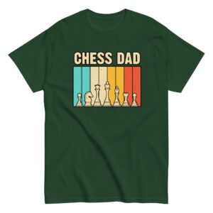 Green T-shirt with chess pieces graphic, 'Chess Dad' text.