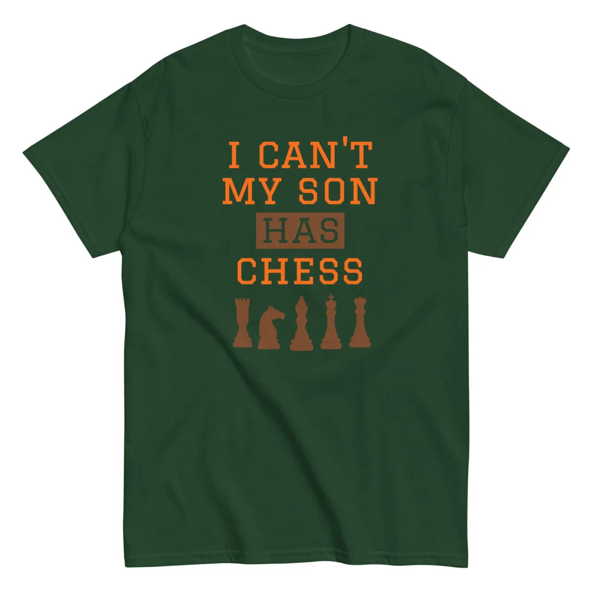 Green t-shirt with chess-themed humor print.