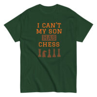 Green t-shirt with chess-themed humor print.