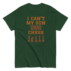 Green t-shirt with chess-themed humor print.