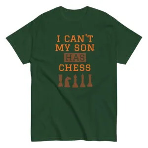 Green t-shirt with chess-themed humor print.