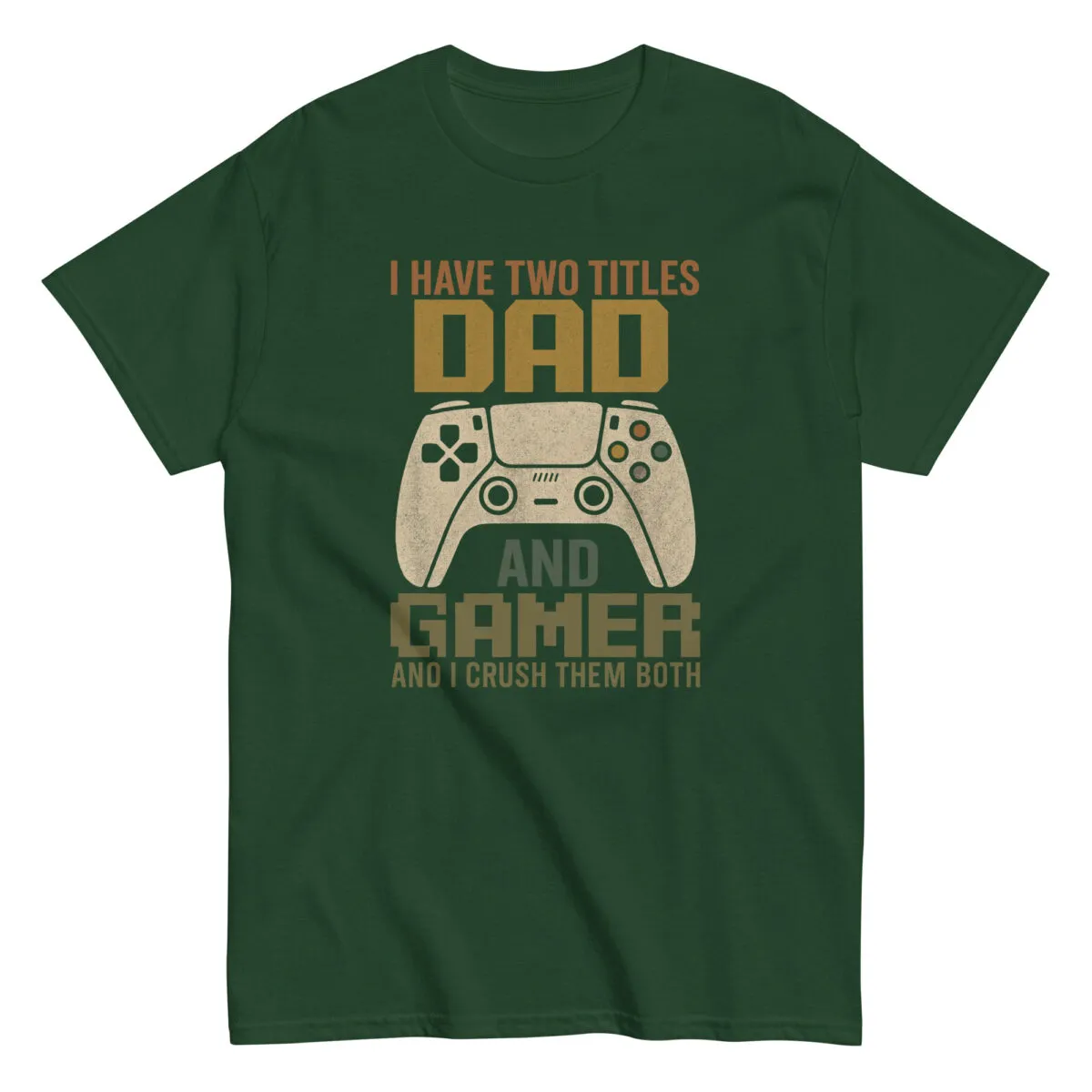 Green t-shirt with 'Dad and Gamer' slogan