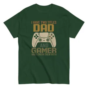 Green t-shirt with 'Dad and Gamer' slogan