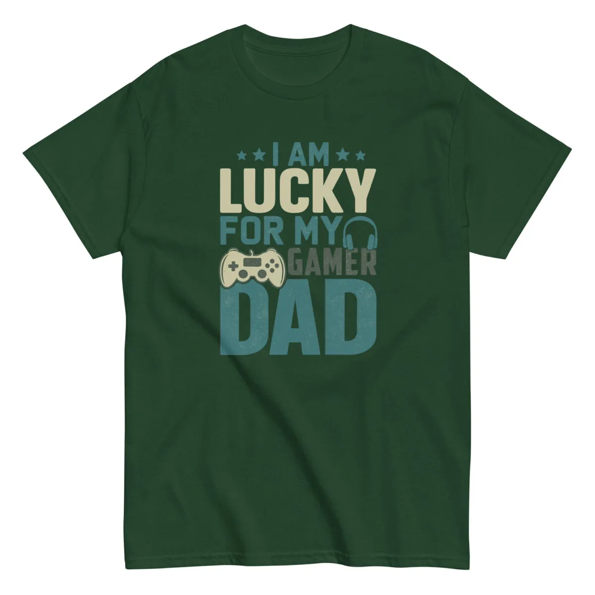 Green shirt with 'Lucky for My Gamer Dad' slogan.
