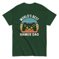 Green t-shirt with World's Best Gamer Dad print.