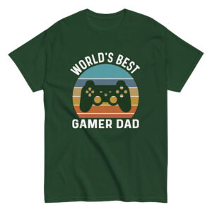 Green t-shirt with World's Best Gamer Dad print.