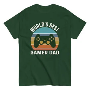 Green t-shirt with World's Best Gamer Dad print.