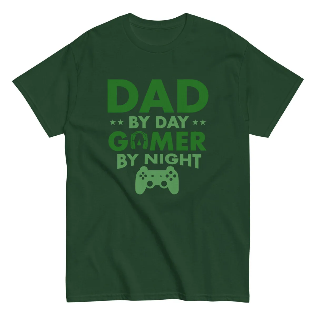 Green shirt: 'Dad by Day, Gamer by Night'