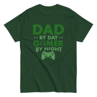 Green shirt: 'Dad by Day, Gamer by Night'