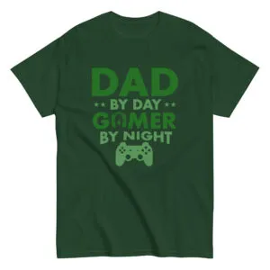 Green shirt: 'Dad by Day, Gamer by Night'