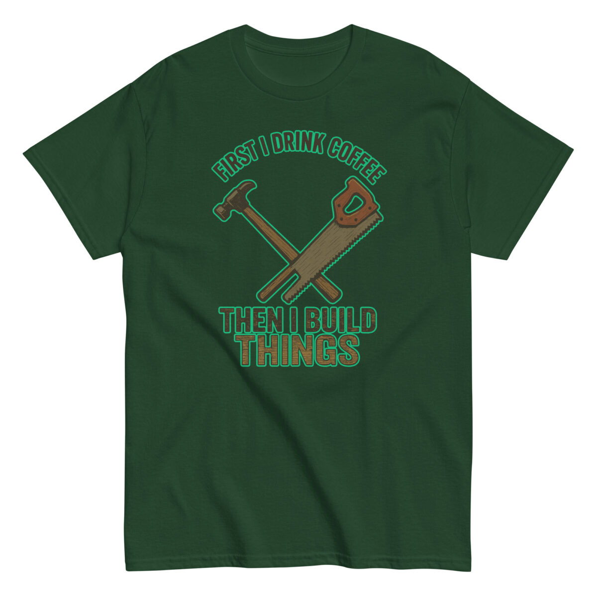Green shirt with slogan about coffee and building.
