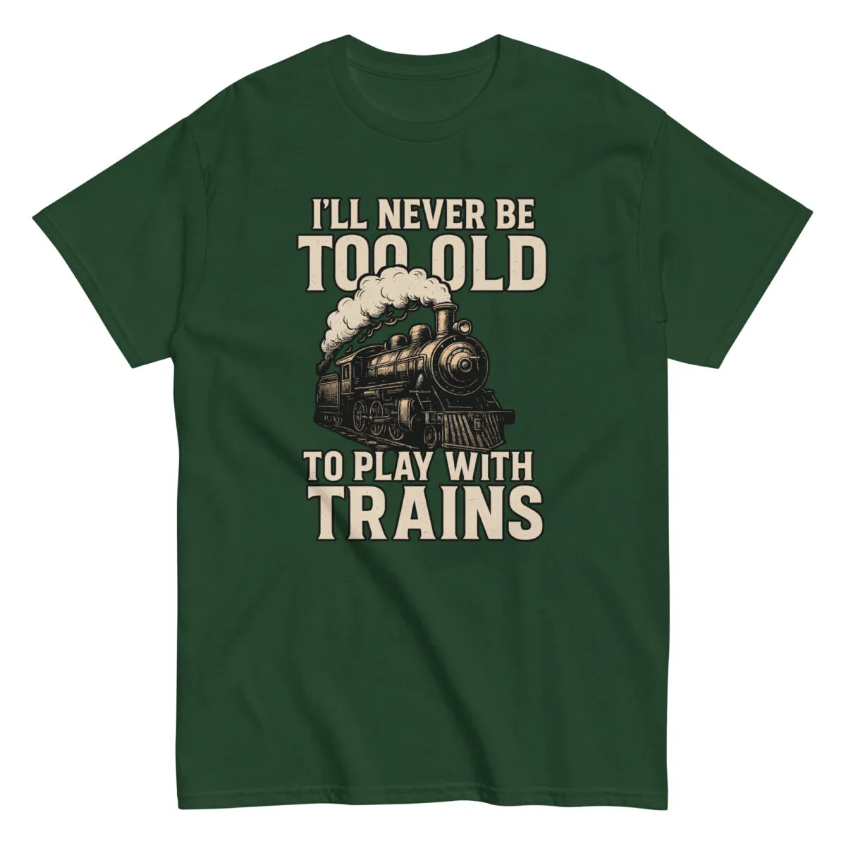 Green shirt with train-themed text and illustration.