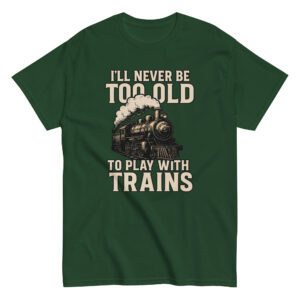 Green shirt with train-themed text and illustration.