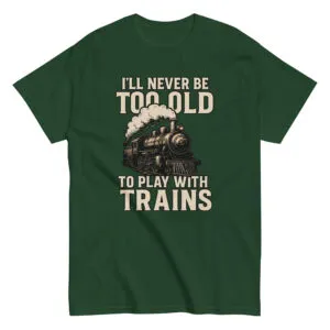 Green shirt with train-themed text and illustration.