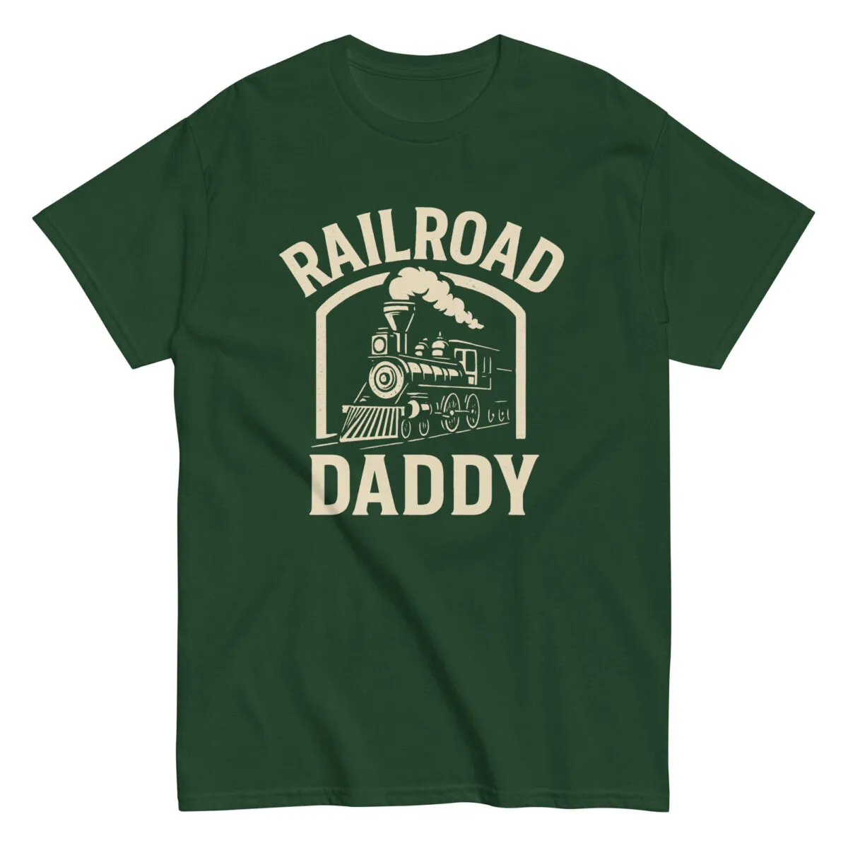 Green t-shirt with 'Railroad Daddy' train design.
