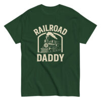 Green t-shirt with 'Railroad Daddy' train design.