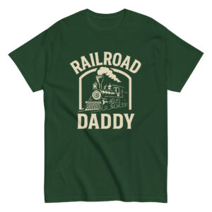 Green t-shirt with 'Railroad Daddy' train design.