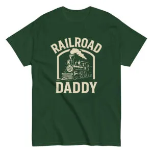 Green t-shirt with 'Railroad Daddy' train design.