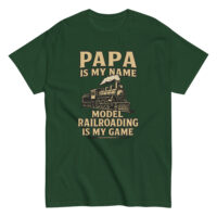 Green shirt with text celebrating model railroading.