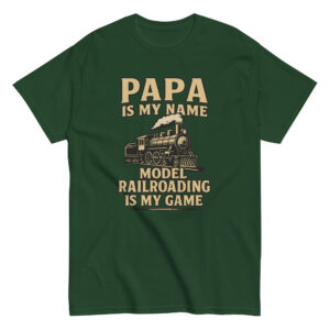 Green shirt with text celebrating model railroading.