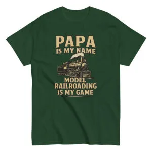 Green shirt with text celebrating model railroading.